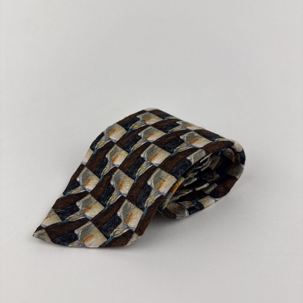 Ermenegildo Zegna Silk Tie Brown Gold Geometric Check Calla Lily Floral Italy